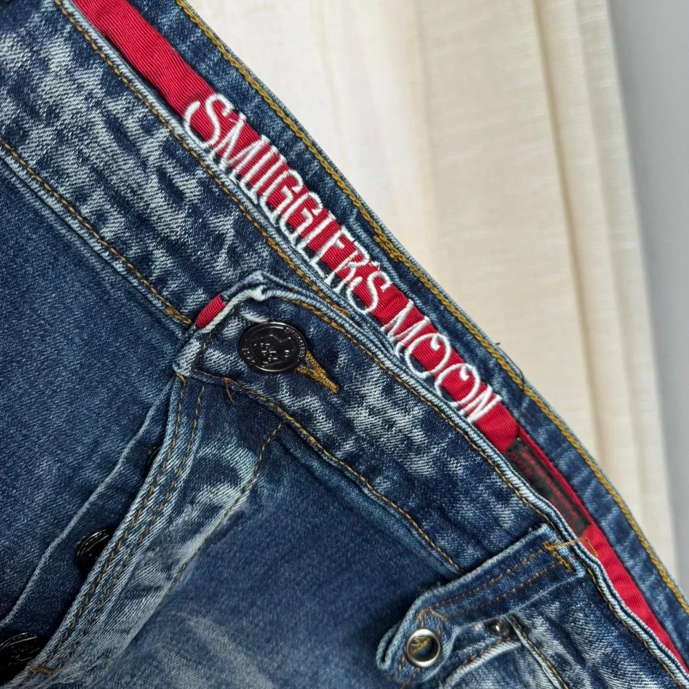 Smugglers Moon Distressed Ripped Paint Splatter Blue Jeans Button Fly Mens 42x33